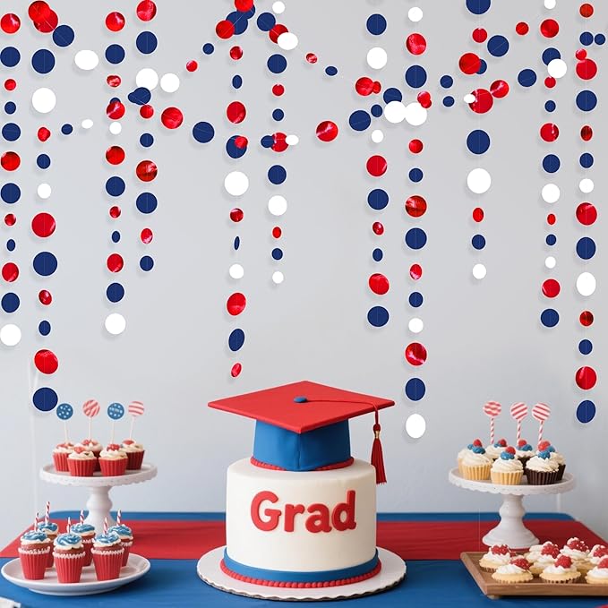 46 Ft Navy Blue Red White Circle Dots Garlands Royal Blue Red Hanging Paper Polka Dots Streamer for 4th of July American Independence Day USA National Day Patriotic Veterans Party Decorations Supplies