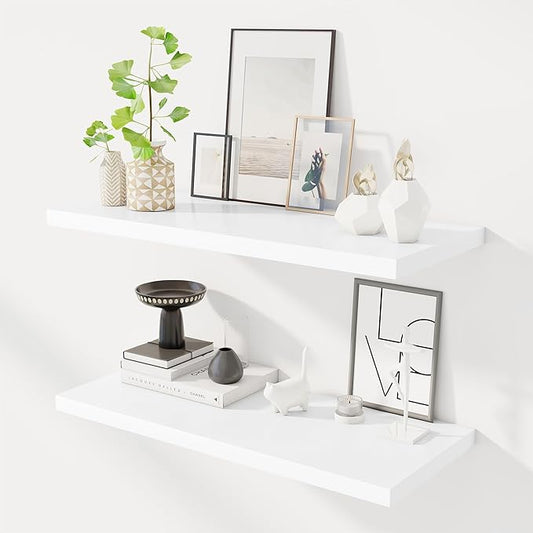 32" Floating Shelves for Wall, 12" Deep Slim White Floating Shelves, Wall-Mounted Shelves for Bedroom, Living Room, Kitchen, Bathroom - Set of 2