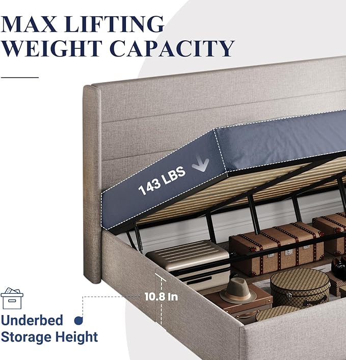 Allewie King Size Lift Up Storage Bed, Modern Wingback Headboard, Hydraulic Support, No Box Spring Needed, Light Beige