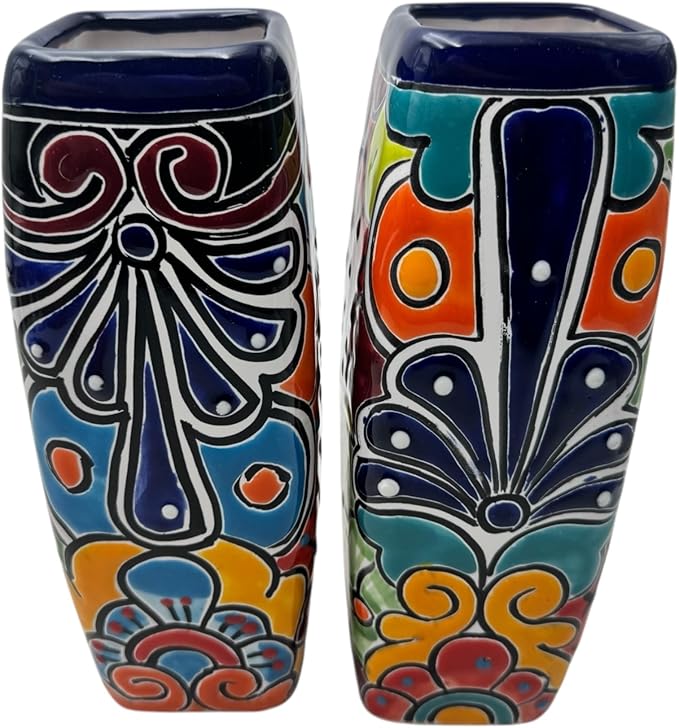 Talavera Planter Pot Square Vase Folk Art Mexican Pottery Handmade Hand Painted Home Decor Indoor Multicolor Outdoor 9.25" (Multi 22)