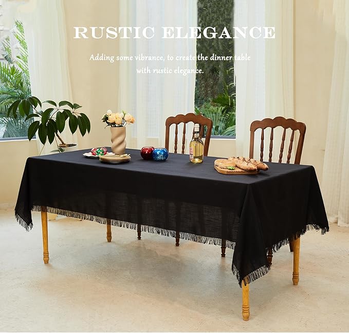 Table Cloth Rectangle Table-Rustic Cotton Tablecloth Craft Fringed Farmhouse Table Cloths for Halloween Thanksgiving Christmas Kitchen Dining (55x70 Inch, Black)