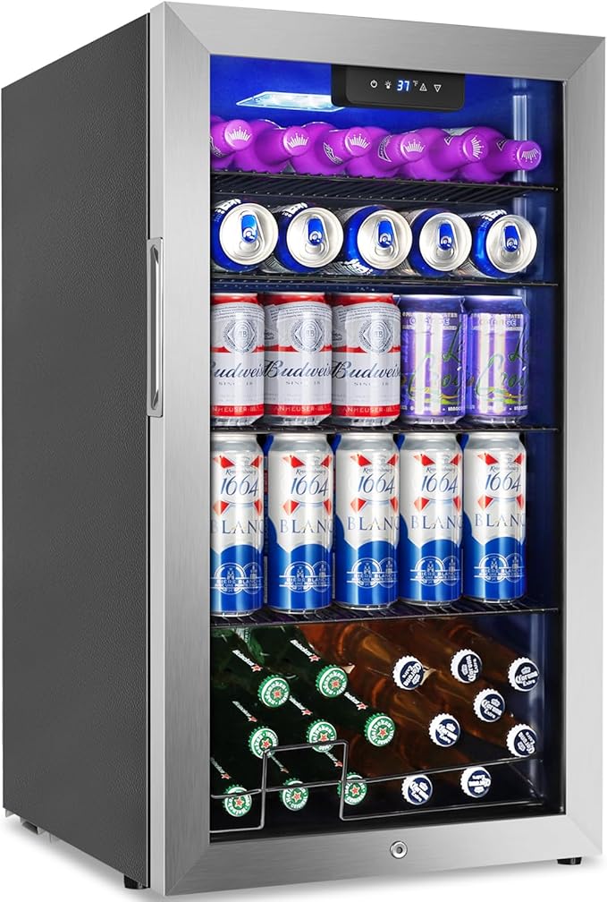 128 Cans Beverage Refrigerator Cooler, 3.2 Cu.Ft Mini Drink Fridge Glass Door for Drink Beer Soda Wine, Beer Fridge with 4 Removable Shelves for Kitchen Bedroom, Office Bar Gaming Room,Stainless Steel