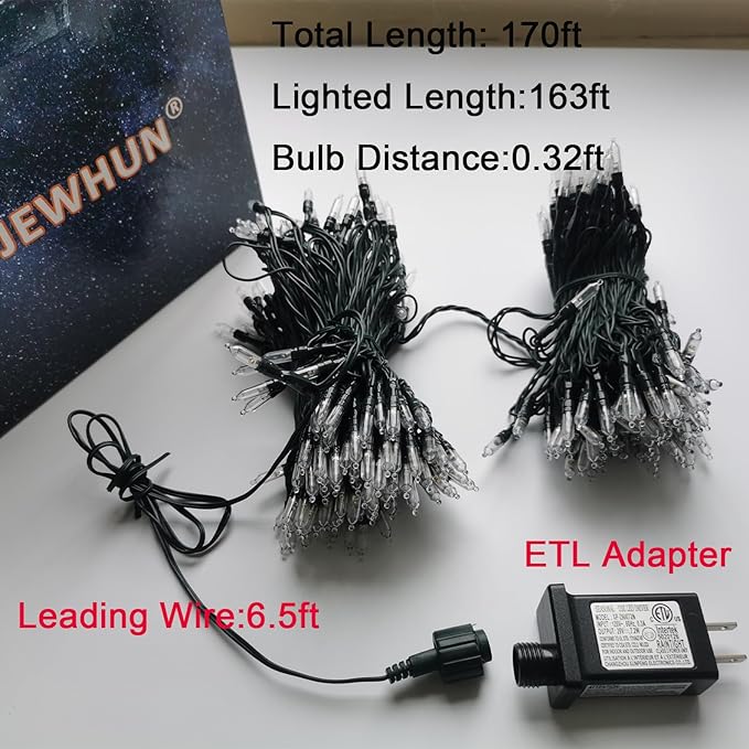 One Strand 170FT 500 LED String Lights Outdoor Indoor,Warm White Christmas Light Green Wire, Non Connectable Plug in Christmas Tree Lights for Big Space Home Decor