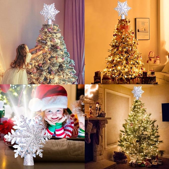 OurWarm Christmas Tree Topper Lighted with LED Rotating Silver Snowflake Decorations Projector Silver Snow Tree Topper Night Light Projector for Indoor Outdoor Christmas Tree Decorations