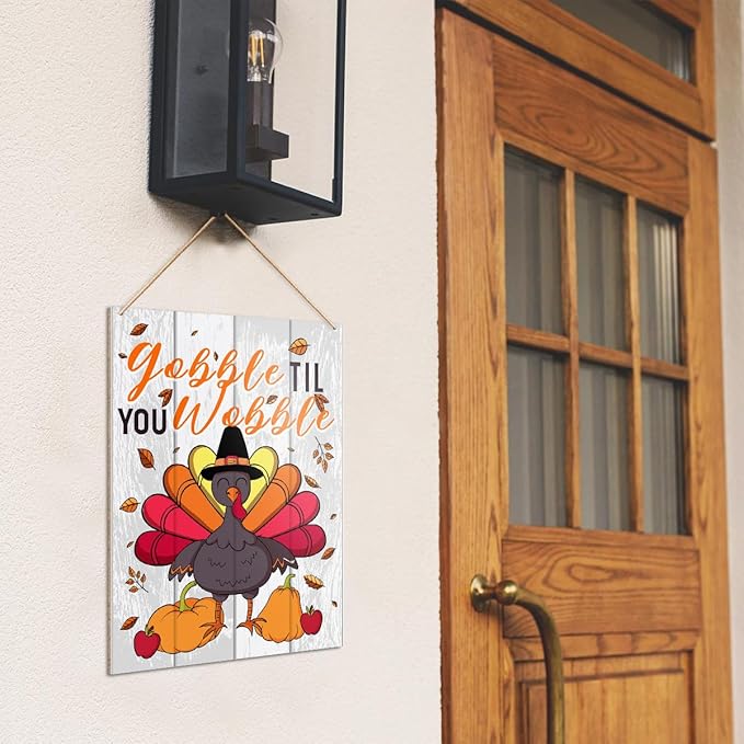 UDNADKEX Thanksgiving Decorations Hanging Sign, Autumn Fall Decor Farmhouse Turkey Pumpkin Wooden Wall Sign Thanksgiving Decorations, Gobble Til You Wobble