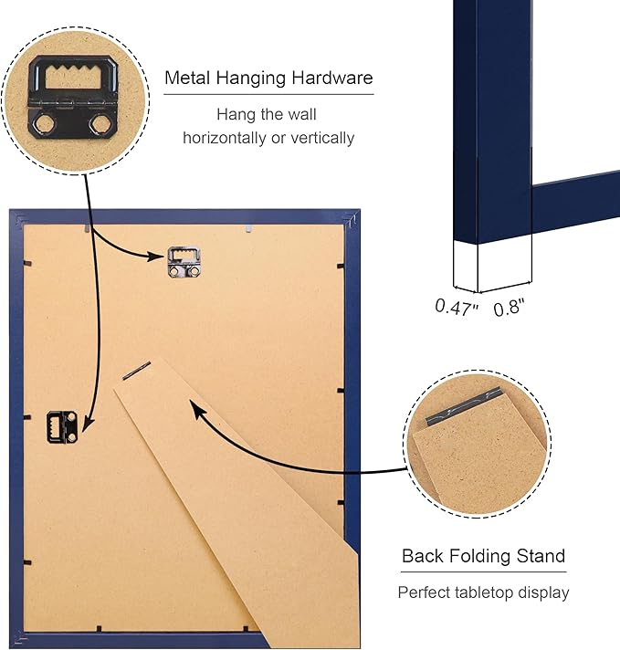 11x14 Picture Frame Set of 4, 11 x 14 Wood Photo Frames with Mat for 8x10, Natural Wooden Frame with Real Glass Cover for Wall and Tabletop Display,Blue