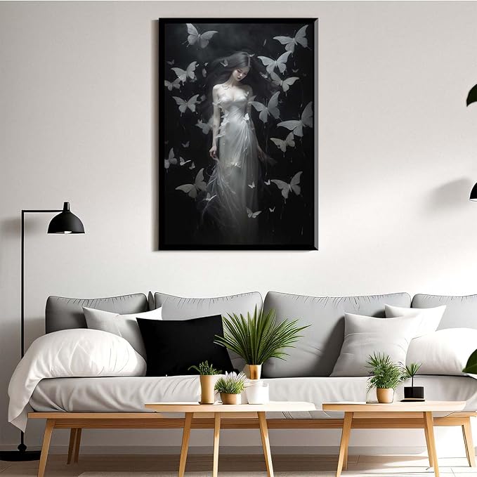 JFHCQJPK Vintage Gothic Feminine Canvas Wall Art Print Butterfly Poster Moody Female Wall Art Retro Artwork Dark College Decor for Home Bedroom8x12in Metal blackFramed