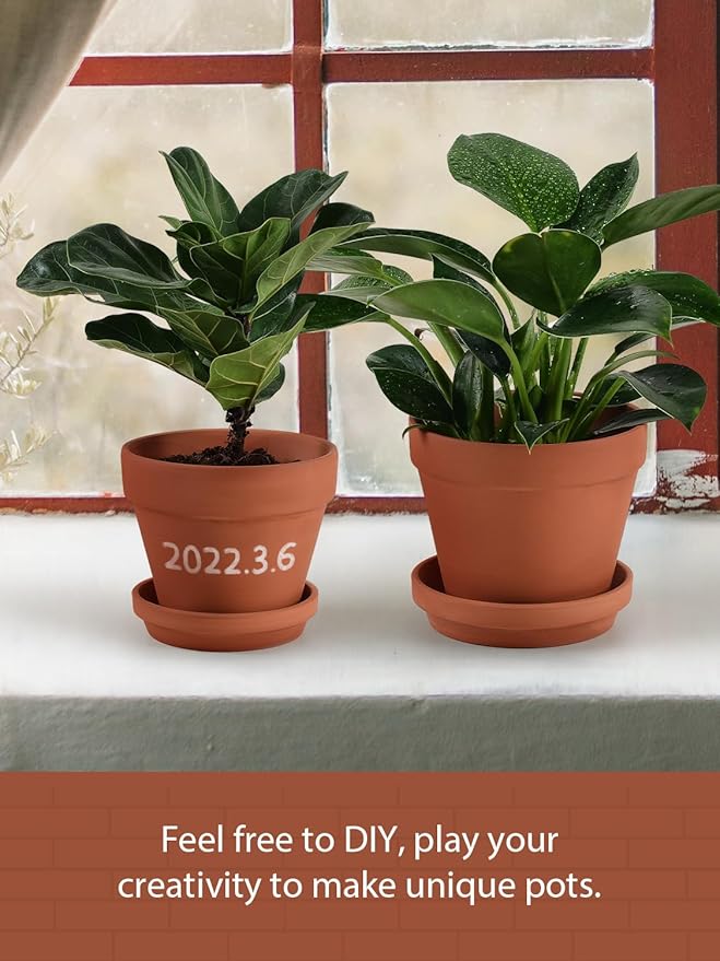 INGOFIN Terracotta Pots Set with Saucer - 5/6/7 inch Ceramic Clay Planters with Drainage Hole, Garden Flower Succulent Pots with Tray for Indoor Outdoor Plants, Set of 3