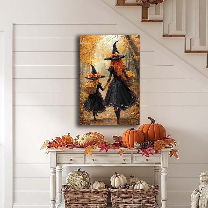 Mother Witch And Child Daughter Witch Wall Art,Halloween Autumn Woodland Forest Path Picture,Family Room Nursery Playroom Kids Room Decor,20"x30" Unframed