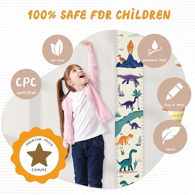 Personalized Name Growth Chart Wall Decor for Kids – Canvas Removable Height Chart Measuring Ruler 59" x 7.9" (Dinosaurs)