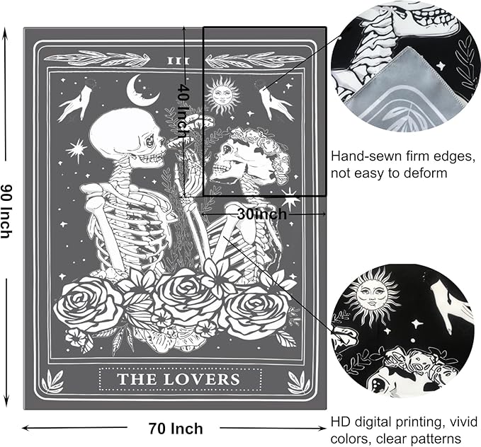 Onivein The Lovers Skull Tapestry Gothic Tapestry Vertical Black and White Skeleton Gothic Witch Sun Moon Floral Plant Snake Tapestries Wall Hanging Decor for Bedroom Dorm Room 30 x 40 Inches