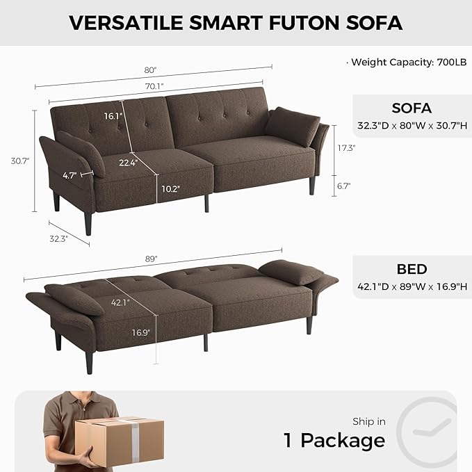 89” Futon Sofa Bed, Linen Comfy Futon Couch Bed with 2 Square Pillows, Convertible Sleeper Sofa with Adjustable Backrest& Armrests, Modern Loveseat Sleeper for Living Room, Bedroom, Brown