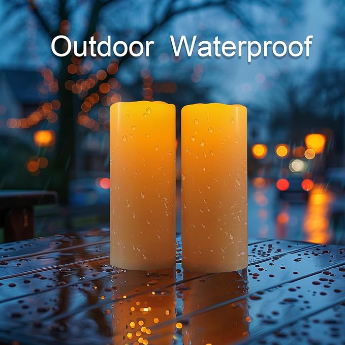 Amagic 2 Pack 8" x 4" Outdoor Plastic Electric flameless Candles with Remote Control and Timer, Battery Operated Flickering LED Pillar Fake Candle for Home, Wedding Decor, Ivory