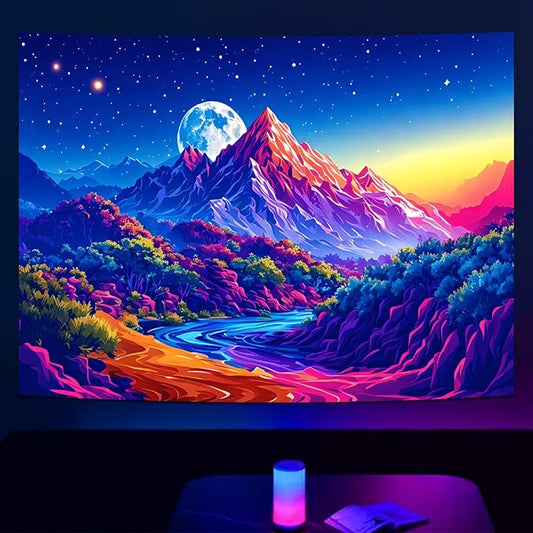 SparkLia Blacklight Sunset Mountain Tapestry – UV Reactive Forest Lake Wall Hanging, Neon Glow in the Dark Starry Sky Moon Nature Landscape for Bedroom, Living Room & Dorm Decor – 51.2" x 59.1"