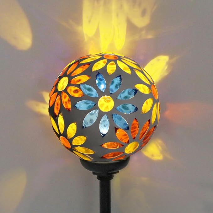 Afirst Solar Lights Outdoor Decorative - Solar Gazing Ball Mosaic Garden Stakes Flower Decorative Lights Waterproof for Pathway Yard Lawn Decoration Yellow