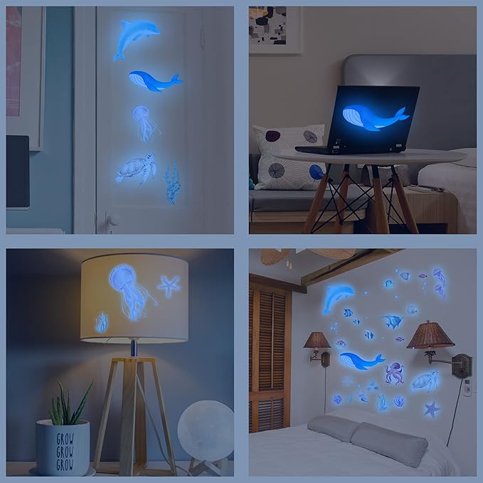 Sea Turtle Ocean Fish Wall Decals Glow in The Dark, Under The Sea Life Animals Stickers for Ceiling, Girls Boys Waterproof Decoration for Living Room Wall Bathroom Toilet