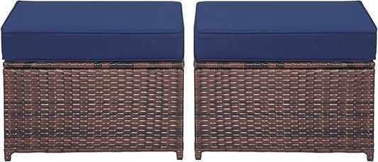 Outdoor Ottoman Rattan Footstool - Patio Ottomans with Removable Cushion, All-Weather PE Wicker & Steel Frame for Poolside, Garden Outdoor Furniture,23.6 x 21.7 x 17.8 inches, Brown