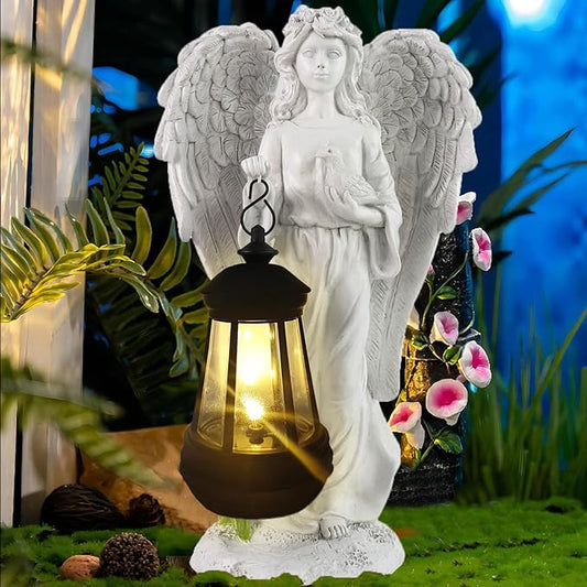 Solar Angel Garden Statue, Angel Figurine Outdoor Decor with Warm White Solar Lantern Garden Angel Figurine Outdoor Statue Waterproof Angel Sculpture Lawn Yard Art Patio Ornament Housewarming Gift
