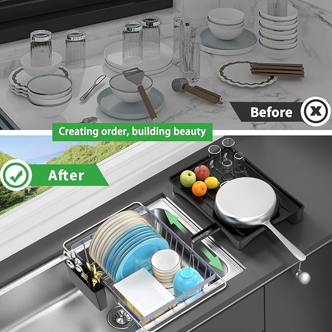 LEMIKKLE Expandable Dish Drying Rack- Space-Saving Dish Rack, Dish Drainers for Kitchen Counter with a Cutlery Holder, Over The Sink Dish Racks Fit for 14’’-19’’ Kitchen Sink Grey