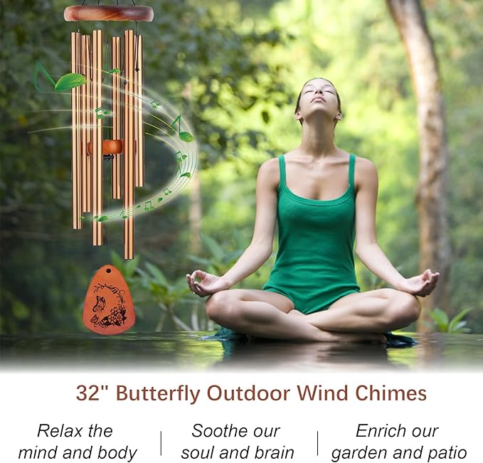 Wind Chimes for Outside, 32" Butterfly Windchime for Outdoor, Butterfly Gifts for Mom Sister, Garden Patio Gift Ideas for Women Friend Co-Worker (Golden)