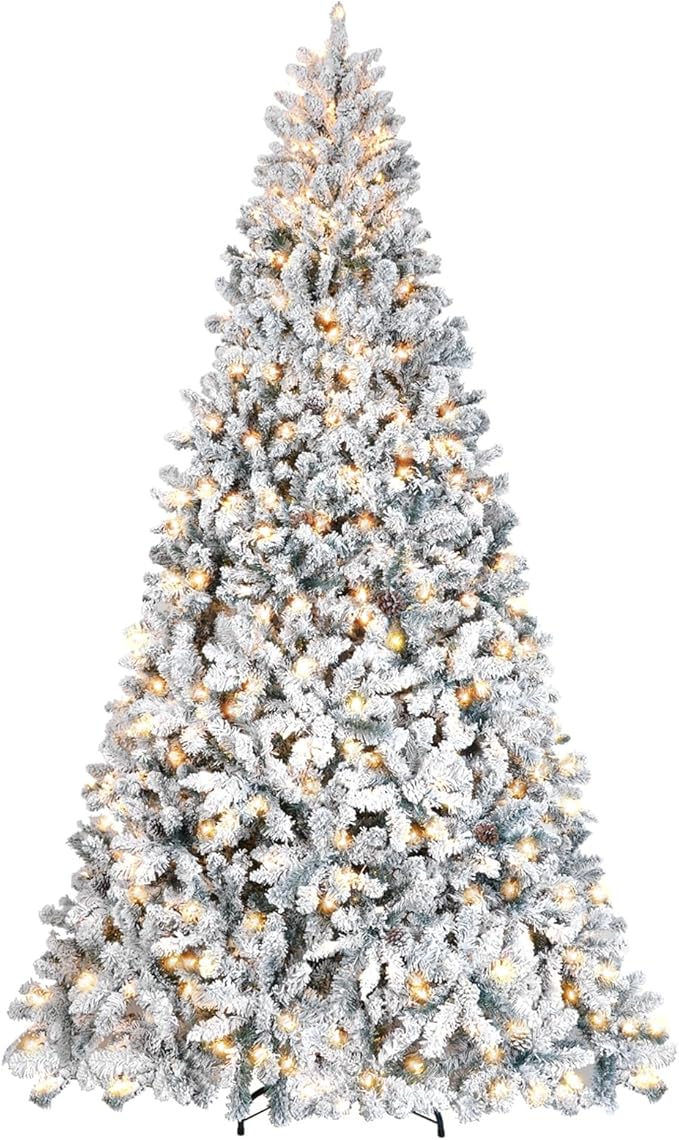 9 ft Prelit Flocked Christmas Tree with Pine Cones & 850 UL Lights, Snow Frosted Artificial Christmas Tree with Auto Hinged Stand for Holiday Decor
