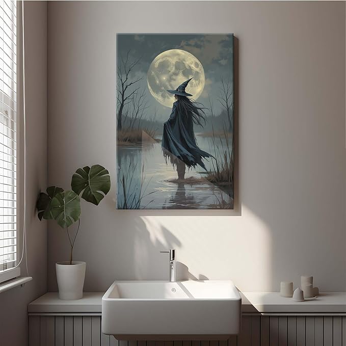 JFHCQJPK Witch in the moonlight magic canvas wall art enchanting Halloween home decor swamp witch silhouette oil painting mysterious gothic aesthetic wall decor print poster16x24in Frameless