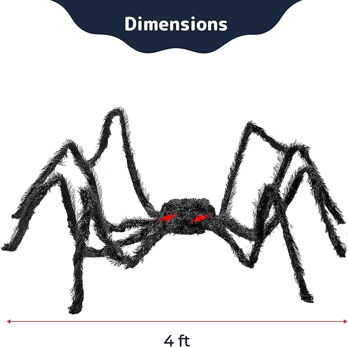 PREXTEX Halloween Spider with Light Up Eyes (LED Lights) - Decorations 4 Ft Hairy Spider Prop with Giant LED Red Eyes - Halloween Decor for Indoor, Outdoor, Golf Cart, Wall - Door Hanger