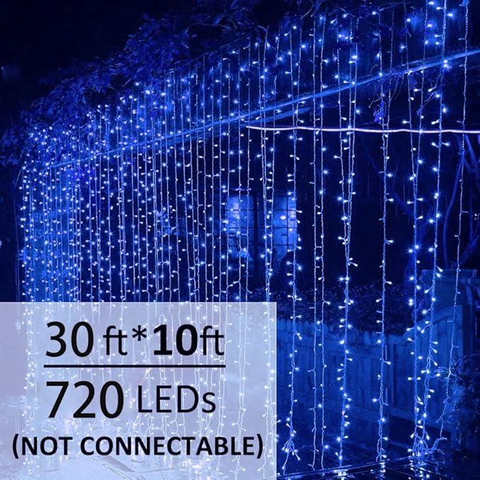 Solhice LED Curtain Lights Outdoor 30ft x10ft Blue, 720 LEDs 8 Modes Christmas Lights Plug in Window String Lights Indoor, Twinkle Lights for Patio Wedding Bedroom Party Decor (Not Connectable)
