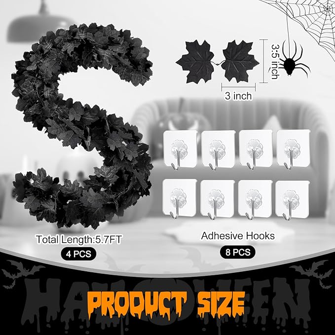 Joyhalo 4 Pack Halloween Garland, 5.7FT Black Maple Leaf Garland Halloween Decor, Spooky Black Leaves Vines Outdoor for Mantle, Home, Office, Stair Railing, Door Frame, Fireplace and Fall Decorations