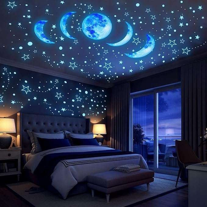Glow in The Dark Starry Sky Moon and Stars Wall Decals,Glowing Galaxy Stars Space Planet Ceiling Wall Stickers for Boys Girls Bedroom Kids Baby Nursery Living Room Decoration