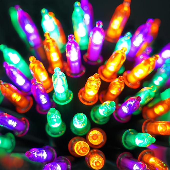 Halloween Orange Purple & Green Lights Decorations, 2 Pack 17FT 100LED Mini String Lights Battery Operated -Waterproof for Indoor Outdoor Patio Tree Holiday Fall Halloween Decor
