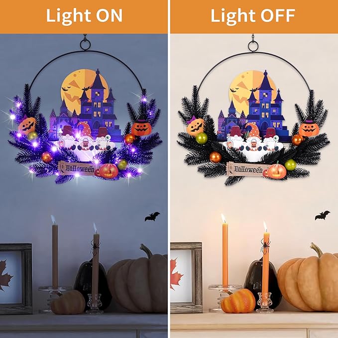 Lighted Halloween Wreaths for Front Door, Welcome Metal Wooden Door Wreath Decor Hanging Sign, 30 LED Lighted Wall Decor Battery Operated for Halloween Indoor Outdoor (Dwarf)