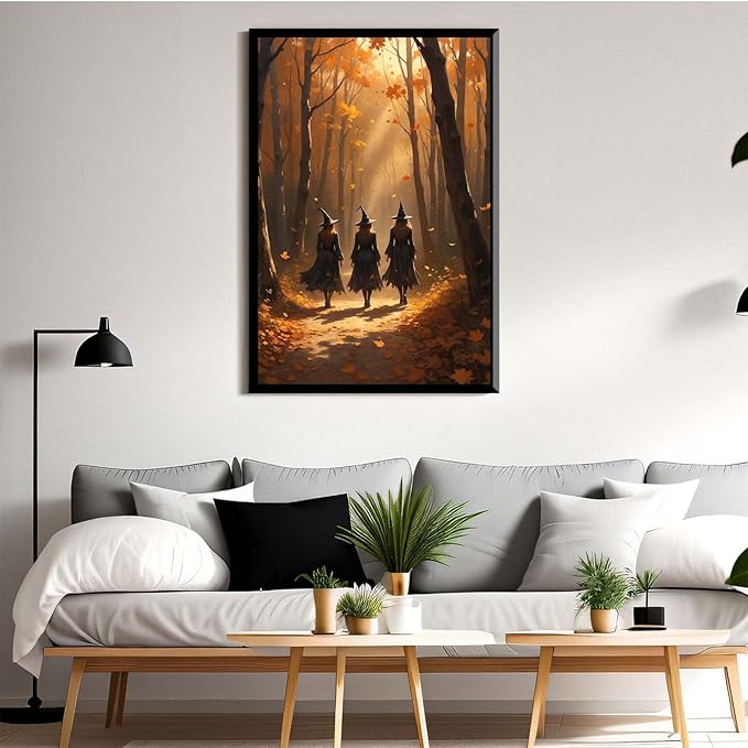JFHCQJPK Three witches walking in the forest in autumn canvas painting gothic poster halloween print country witch wall art for home decoration24x36in Metal blackFramed