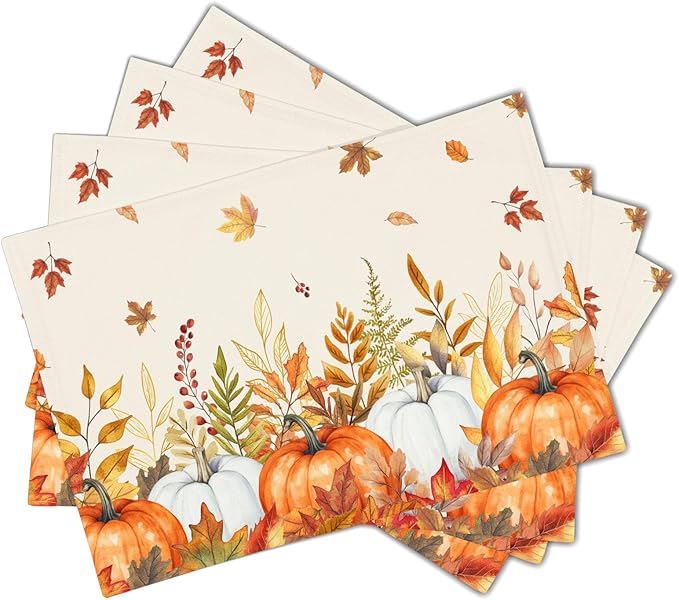 Fall Placemats Set of 4 Autumn Thanksgiving Harvest Watercolor Pumpkin Place Mats 12x18 Inch Seasonal Washable Table Mats for Party Kitchen Dining Decoration