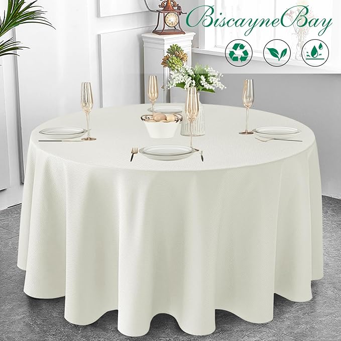 Biscaynebay Textured Fabric Round Tablecloths 90", Ivory Water Resistant Washable Table Cloths Circle Folding Table Covers Linen for Dining, Kitchen, Wedding, Parties etc