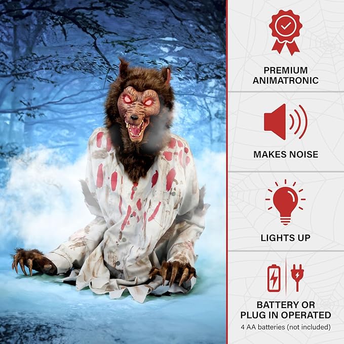 Haunted Hill Farm Howler by Tekky, Battery-Operated, Motion and Sound Activated Animatronic Werewolf with Sound Effects and Lights for Indoor or Covered Outdoor Creepy Halloween Decoration