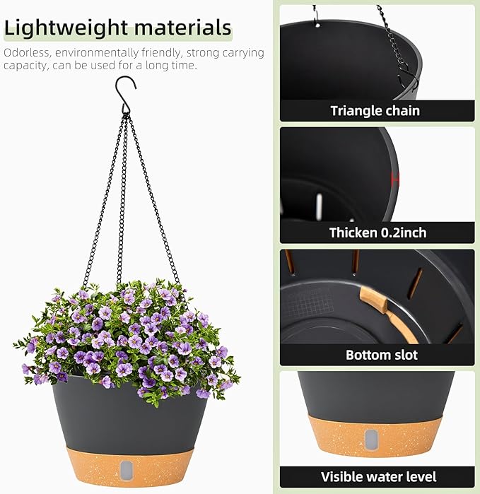 QCQHDU 2 Pack Hanging Planters for Indoor Outdoor Plants, 10 Inch Hanging Baskets Flower Pots with Reservoir Tray & Visible Water-Level
