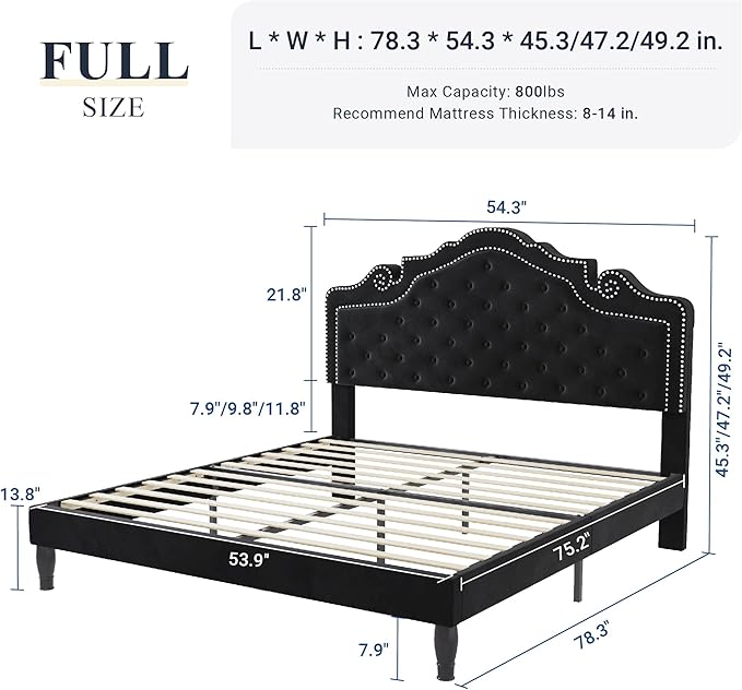 Allewie Full Size Bed Frame with Adjustable Velvet Tiara Headboard, Upholstered Diamond Button Tufted Platform Bed, Wood Slats Support, No Box Spring Needed, Black