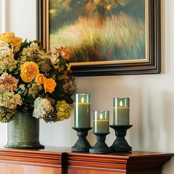 Amagic Green Glass Flameless Candles with Remote and Timer, Real Wax Battery Operated Candles, Flickering Electric LED Pillar Candles for St. Patrick's Day, Christmas Party Decor, Set of 3