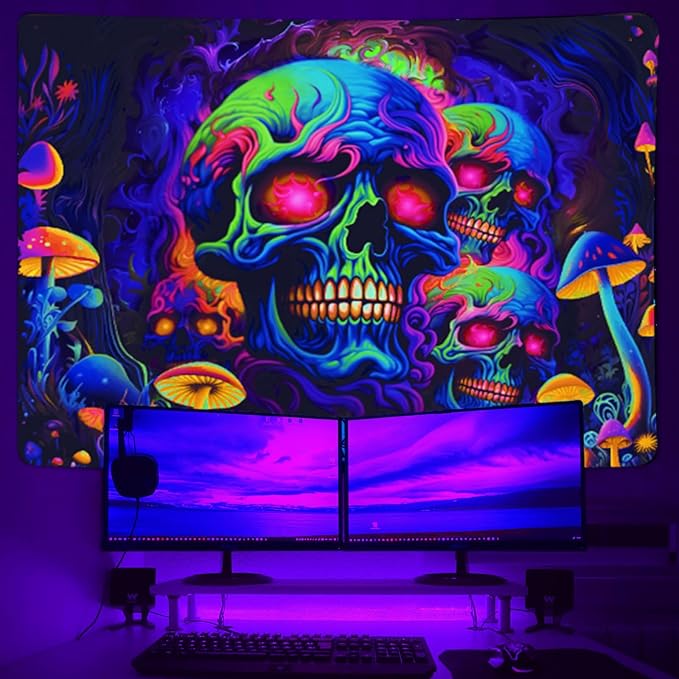 Skull Blacklight Tapestry, UV Reactive Skeleton Wall Art for Bedroom, Adults' Black Light Posters, Halloween Horror Glow in Dark Tapestry Aesthetic Living Room Dorm Decor 60x40IN