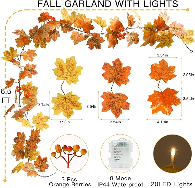 suddus Fall Leaves Garland with Lights, 20LED Battery Operated Fall Lights with Timer, Fall Decoration for Home, Table, Mantle, Office, Outdoor, Autumn, Halloween, Yellow
