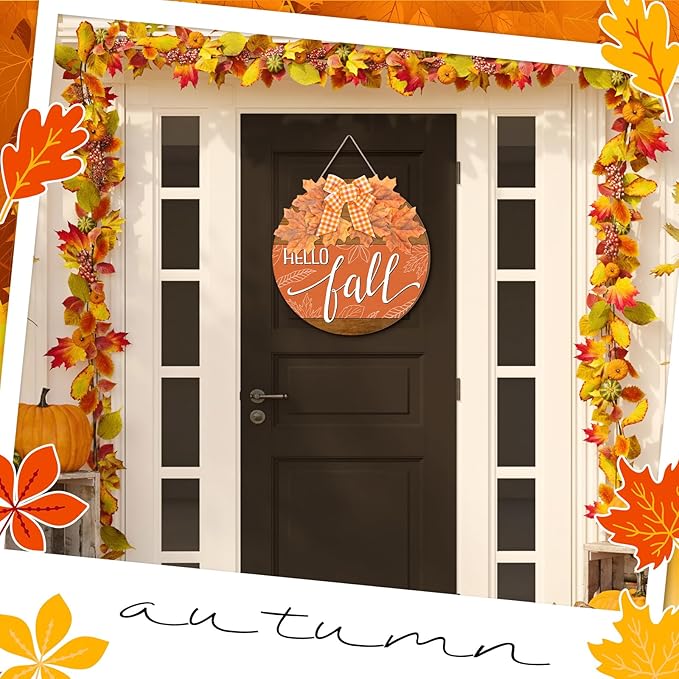 Hello Fall Sign for Front Door Autumn Wooden Hanging Door Hanger Sign Fall Welcome Wreaths with Bow Maple Leaf Farmhouse Wall Decoration for Home Thanksgiving Harvest Front Porch Decor