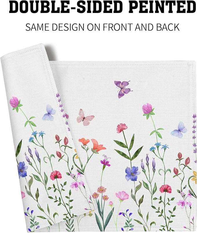 Spring Summer Floral Placemats Set of 4 Spring Easter Wild Flower Butterfly Washable Non-Slip Heat Resistant Place Mats 12x18 Inch Linen Table Mats for Kitchen Dining Party Decor
