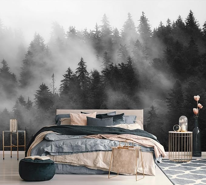 AFZEVEB-Dark Misty Forest Wallpaper Wall murals for Bedroom 114"x74" (Not Peel and Stick)