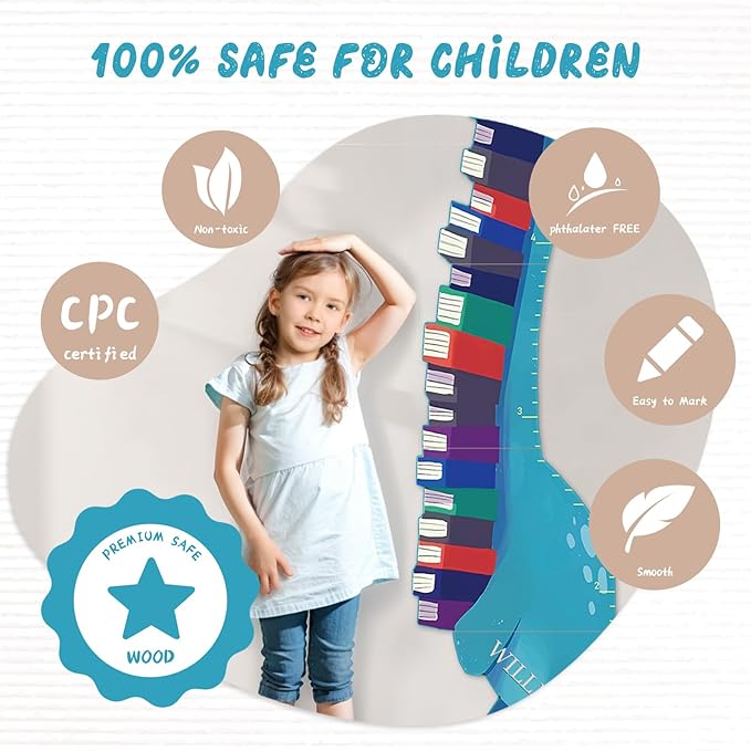 Personalized Name Growth Chart for Wall, Dinosaur Book Wooden Growth Chart Kids Height Chart, Wall Measurement for Kids, Height Chart for Wall, Growth Ruler for Toddler Playroom Decor
