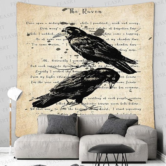 The Raven Wall Tapestry Nevermore Wall Decor Vintage Edgar Allan Poe Gothic Rustic Home Room Wall Hanging Tapestries 84x90 Inches for Living Room Bedroom Dorm GTQQAY1541