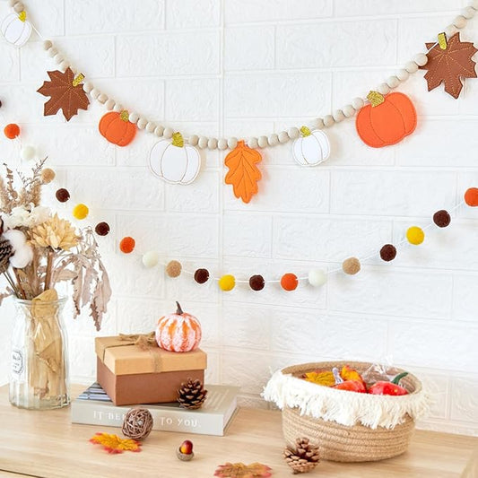 2 Pcs Fall Decorations for Home, Felt Pumpkin Leaves Garland and Wood Bead for Mantel, Felt Ball Garland, Thanksgving Decorations Indoor, Pumpkin Banner