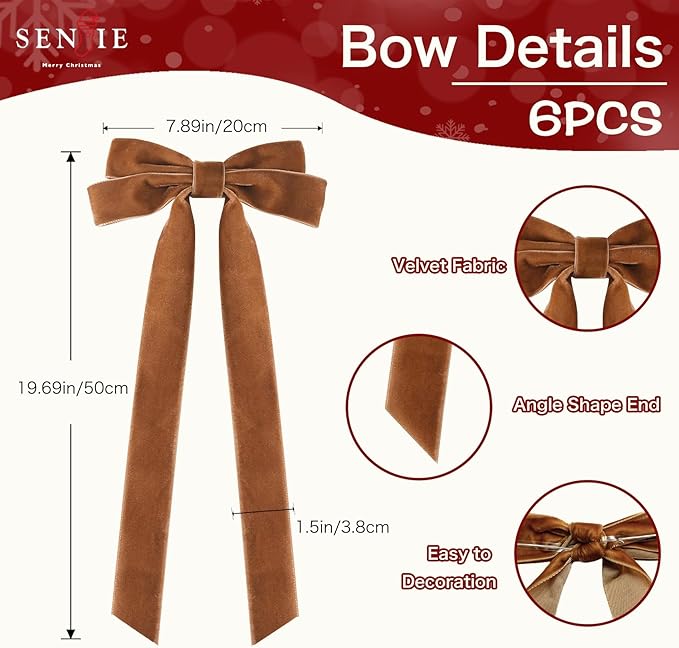 Senjie Velvet Large Christmas Bows for Staircase Garland Wreath, 20in x 8in Vintage Ribbon Bows with Twist Tie for Xmas Tree Holiday Indoor Outdoor Decorations (6Pcs, Light Brown)