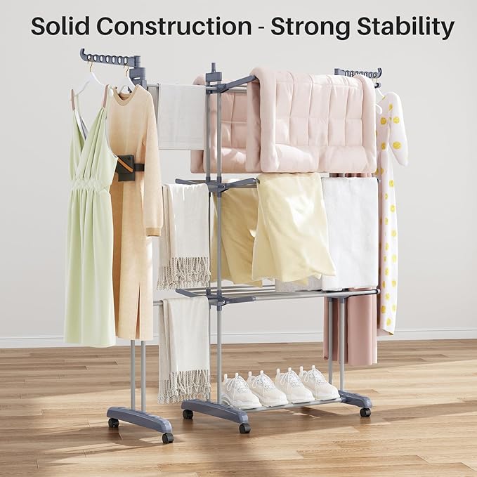 Kitstorack Clothes Drying Rack - Foldable Movable Clothes Rack Drying 30.0" W to 59.0" W Extensible Drying Rack Clothing Oversized 4-Tier Stainless Steel Large Clothes Rack Drying Indoor and Outdoor