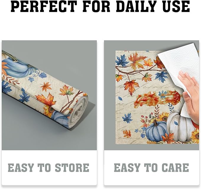 Fall Pumpkin Maple Leaf Placemats Set of 4 Vintage Rustic Autumn Thanksgiving Harvest Place Mats 12x18 Inch Seasonal Washable Table Mats for Party Kitchen Dining Decoration